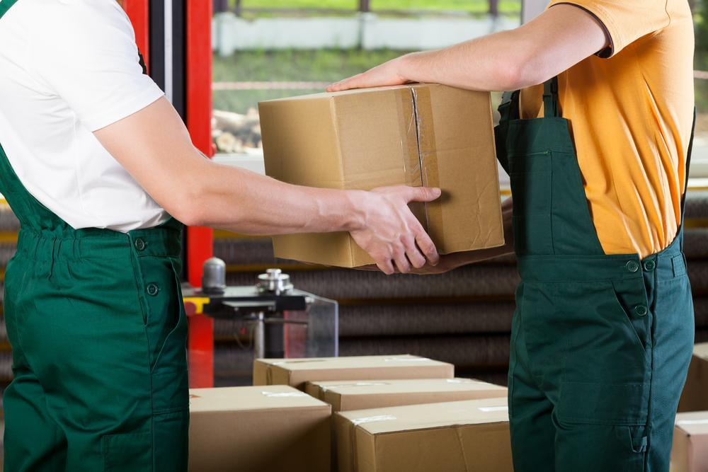 Close-up of warehouse workers with box, horizontal